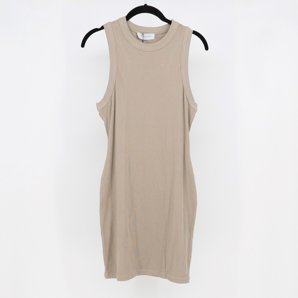NEW All Things Golden The Luxe Rib High Neck Stretch Mini Des Slate Beige Medium